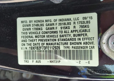 2015 Honda Civic Se from USA, damaged, VIN 19XFB2F73FE112926